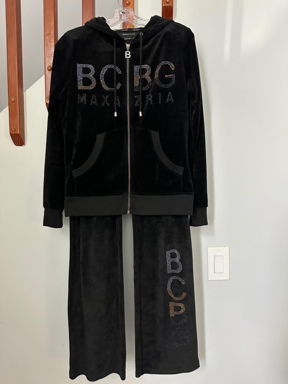 BCBGMaxAzria Black Velour Rhinestone Logo Hoodie & Pants Set